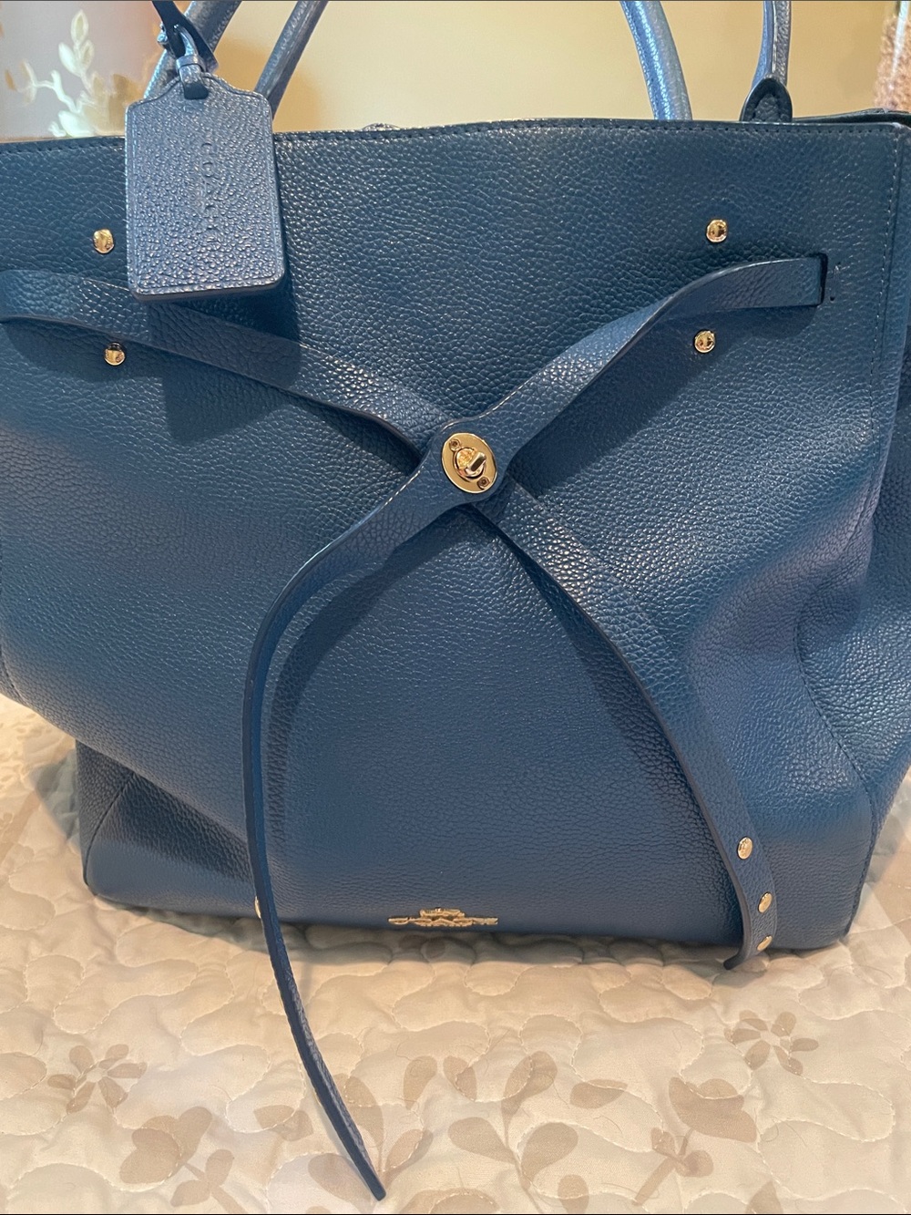Coach Navy Blue Pebble Leather Tote with Knot Strap and Gold Hardware